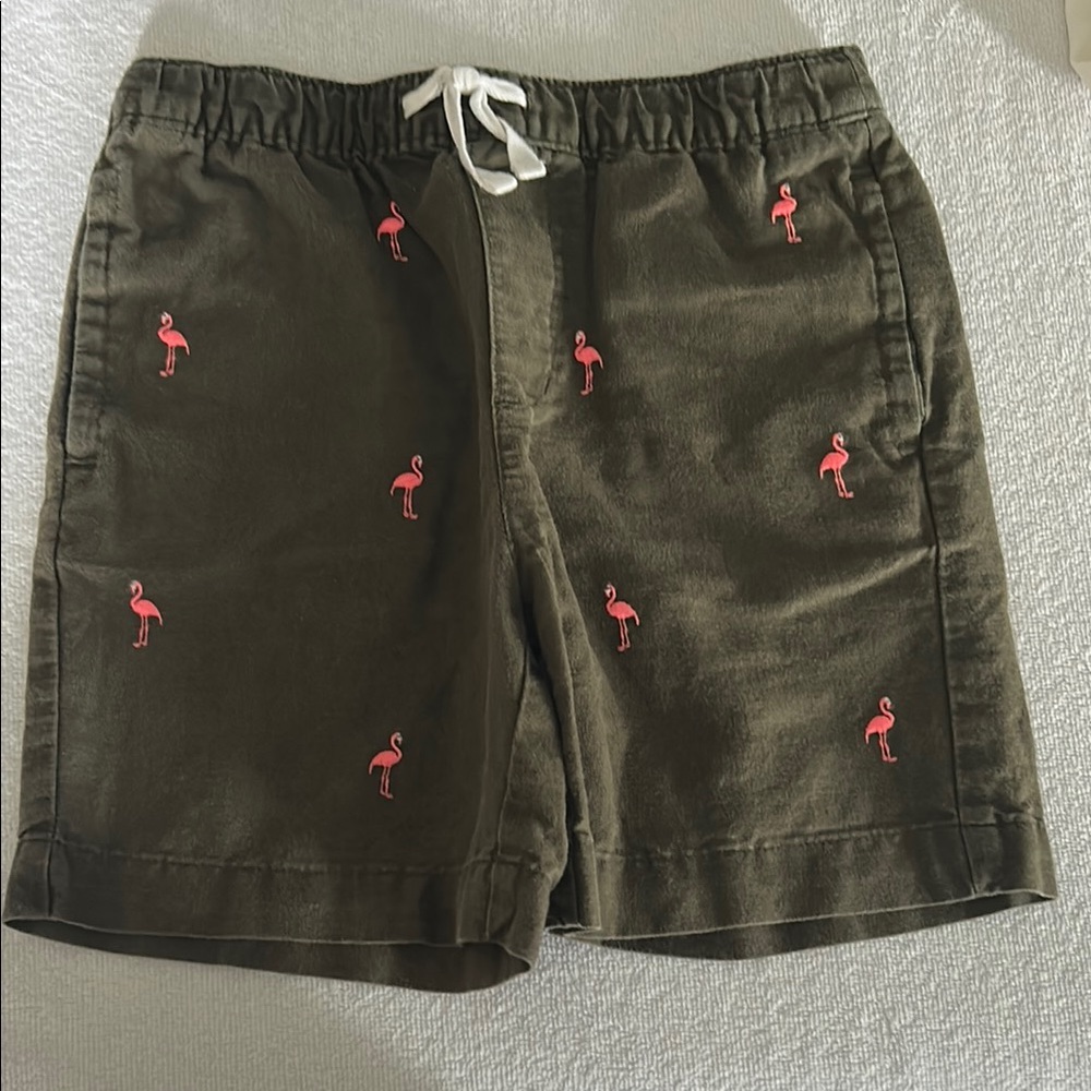 Green Shorts with Pink Flamingo Embroidery